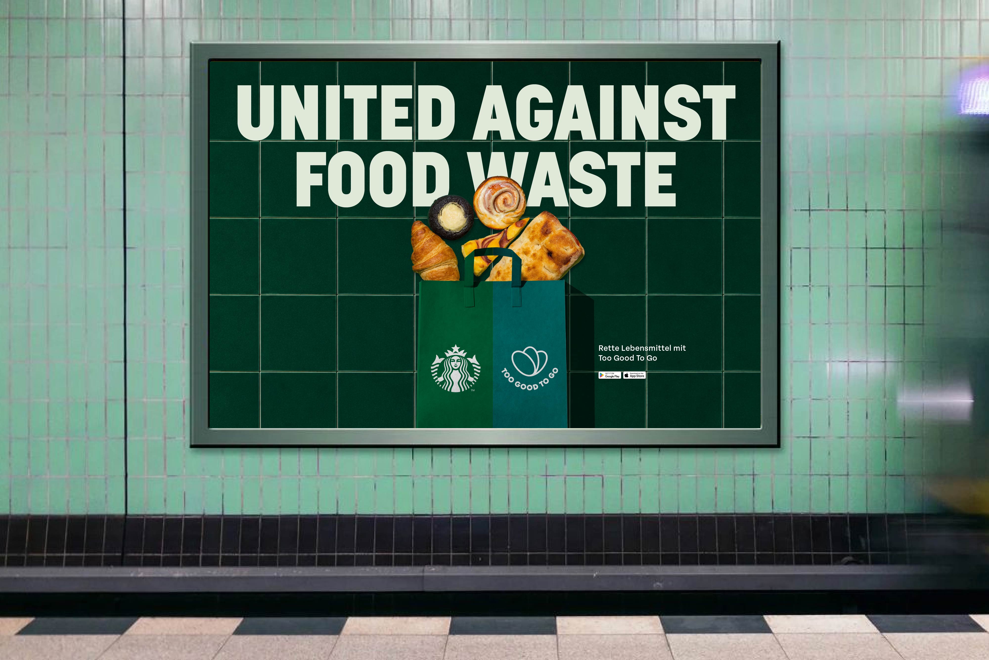 'United Against Food Waste' poster with Starbucks on a subway tile wall